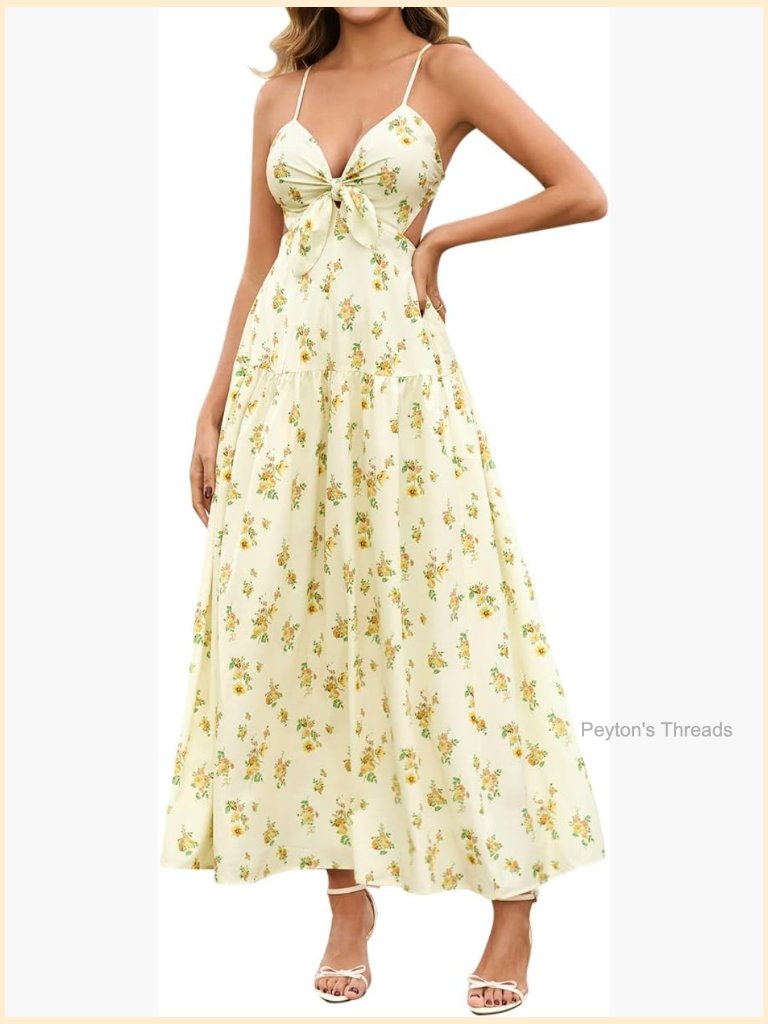 Boho Floral Maxi Dress With Spaghetti Strap Bow Tie Lace Up Back